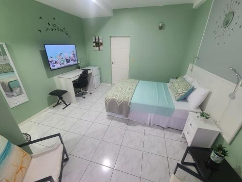 een slaapkamer met een bed, een bureau en een televisie bij Riverside Apartments in San Juan