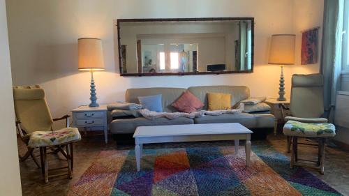 un soggiorno con divano e specchio di Albizia a Vernet-les-Bains
