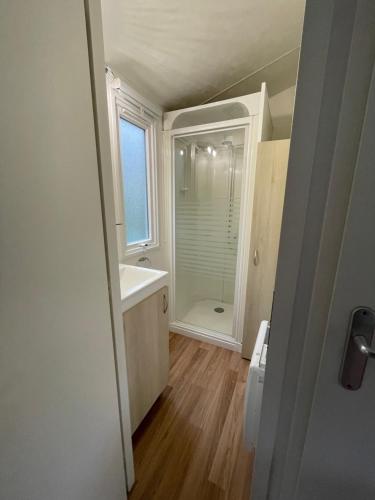 a bathroom with a shower and a sink and a mirror at VeniseOuest Hôtellerie de Plein Air in La Ferté-Bernard