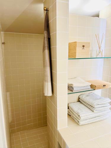 La salle de bains est pourvue d'une douche et de serviettes. dans l'établissement Maison Joucas, à Joucas