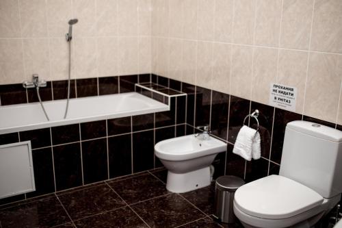 a bathroom with a toilet and a bath tub at Ostrov River Club in Novosëlovka