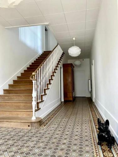 un chat noir assis à même le sol dans un couloir avec un escalier dans l'établissement Chambre privée dans spacieuse maison de maître, à Cousancelles