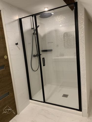 une douche avec une porte vitrée dans une salle de bain dans l'établissement Chaumière à l'étang des anémones, à Sainte-Hélène-Bondeville