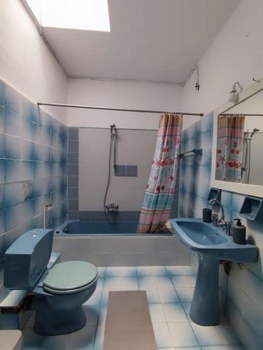 a bathroom with a toilet and a sink and a tub at Μπλέ σπίτι in Karavostamo