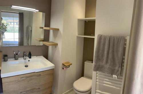 une salle de bain avec un lavabo, des toilettes et un miroir dans l'établissement Maison de Vacances Avec Piscine Privée en Corse, BORGO, à Borgo