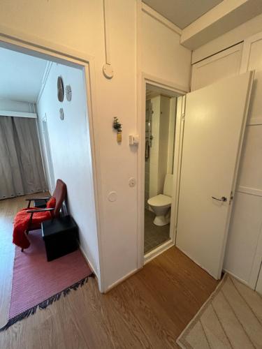 uma casa de banho com WC e uma cadeira num quarto em Studio apartment near the center em Jyväskylä