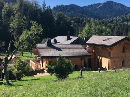 une grande maison en bois au milieu d'un champ dans l'établissement Chalet Holtanna, à Montriond