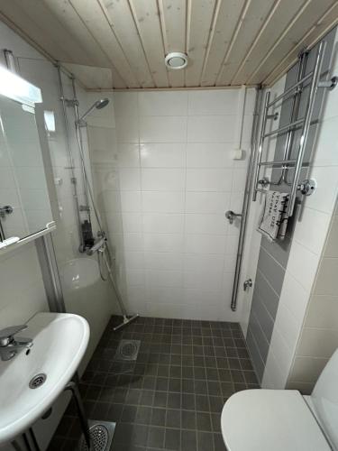 uma pequena casa de banho com um lavatório e um chuveiro em Studio apartment near the center em Jyväskylä