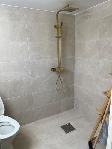 uma casa de banho com chuveiro e WC em New flat in Limhamn em Limhamn