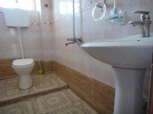 La salle de bains est pourvue d'un lavabo et de toilettes. dans l'établissement Noorband Qalla Hotel,Bamyan, 