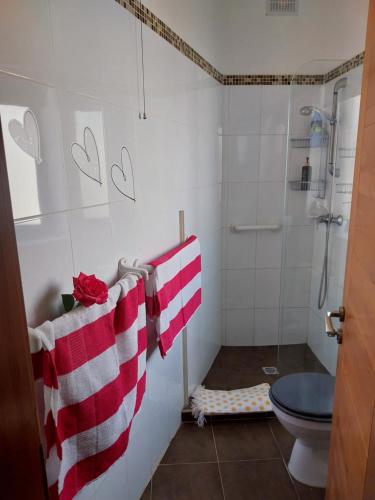 ein Bad mit roten und weißen Handtüchern und einem WC in der Unterkunft AMAZING penthouse with private HOT TUB, SEA VIEWS, Communal POOL & free AC in Għajnsielem
