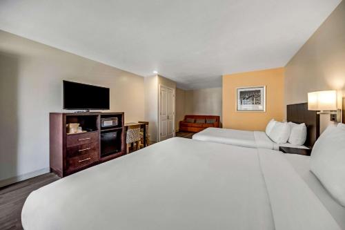 a hotel room with a large bed and a flat screen tv at Comfort Inn Beach Boardwalk in Santa Cruz