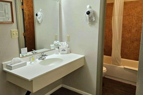 La salle de bains est pourvue d'un lavabo, d'un miroir et de toilettes. dans l'établissement Days Inn and Suites by Wyndham Downtown Missoula-University, à Missoula