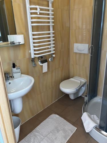 uma casa de banho com um lavatório, um WC e um chuveiro em Base Camp Pieniny em Niedzica