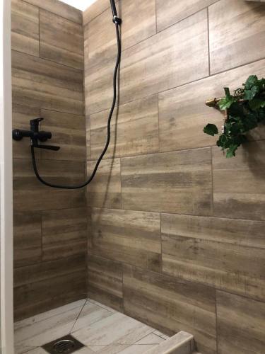 a bathroom with a shower with a wooden wall at Váradi Vendégház in Doboz