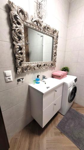 a bathroom with a sink and a mirror and a washing machine at APARTAMENT JARACZA 28/14 in Słupsk