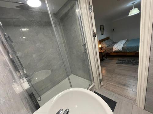1 dormitorio y baño con ducha y aseo. en Sweet 7 bedroom Mansion London en Ilford