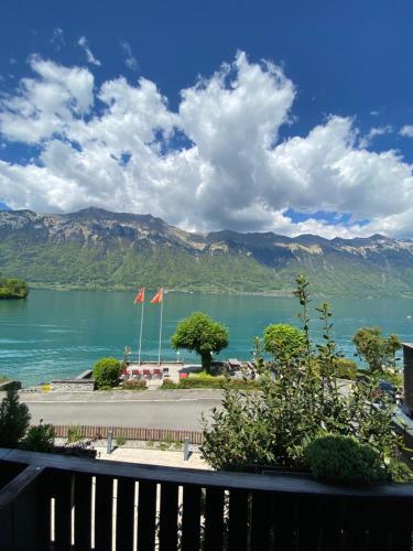- une vue sur un lac avec des montagnes en arrière-plan dans l'établissement Boutique Hotel Bellevue B&B am Brienzersee Iseltwald Interlaken, à Iseltwald