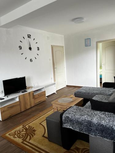 Odmorište Vrelo Vape في سينيتشا: غرفة معيشة مع ساعة كبيرة على الحائط