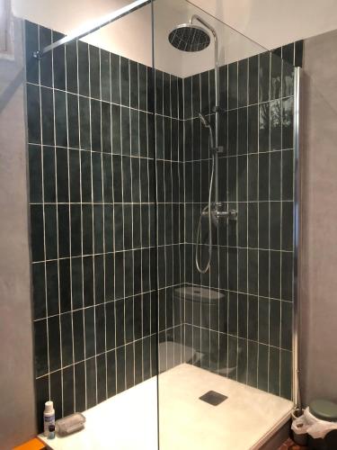 La salle de bains est pourvue d'une douche avec du carrelage vert. dans l'établissement El Laberinto, à Marseille