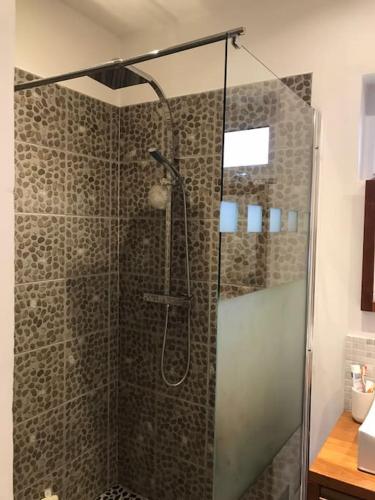 une douche avec une porte vitrée dans une salle de bain dans l'établissement La lumière bleue, à Tourville-sur-Arques