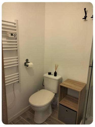 une salle de bain blanche avec toilettes et douche dans l'établissement Châtelaillon plage la Rochelle, à Yves