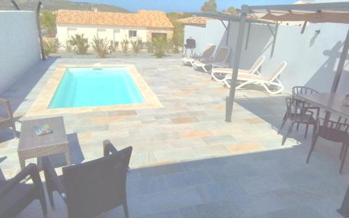 a patio with a pool and chairs and a table at E CASE DI GILDA in Palasca