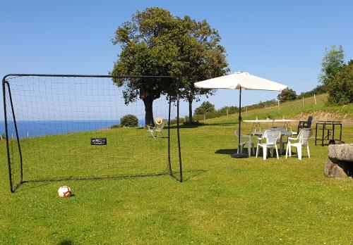 a dog is standing next to a soccer goal at Casa sobre el mar 10 personas in Mutriku