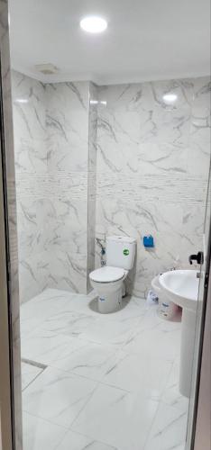 a white bathroom with a toilet and a sink at residence akram m'diq in M'diq