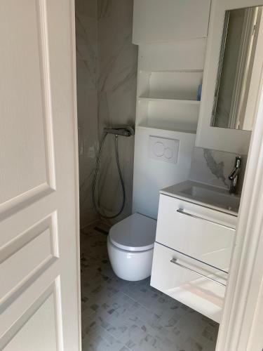 une salle de bain avec des toilettes blanches et un lavabo dans l'établissement Superbe appartement Tour Eiffel, à Paris
