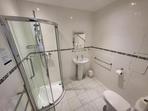 a bathroom with a shower and a toilet and a sink at Cliffe Norton in Tenby