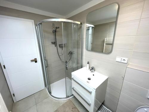 une salle de bain avec une douche, un lavabo et un miroir dans l'établissement Apartmán Lipno 1, à Český Krumlov