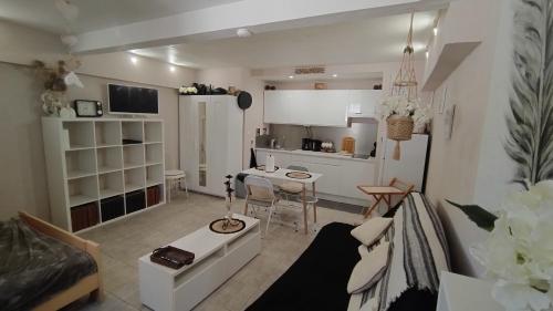 un salon avec un canapé et une table dans l'établissement Appartement entre mer et gardiole, à Frontignan