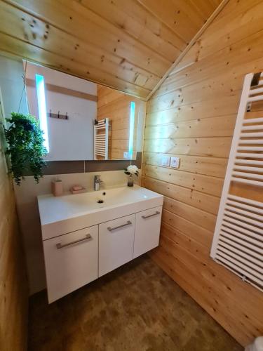 La salle de bains est pourvue d'un lavabo blanc et de murs en bois. dans l'établissement La Gleyzinière 4, à Allevard
