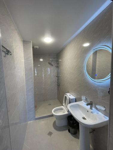 a bathroom with a sink and a toilet and a mirror at Hotel Sunlight in Kobuleti