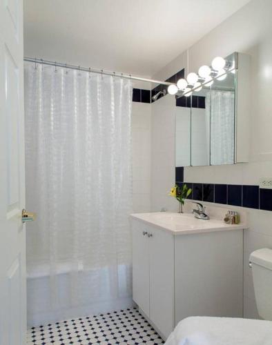 a bathroom with a shower and a sink and a toilet at Beautiful Studio Apartment in NYC! in New York