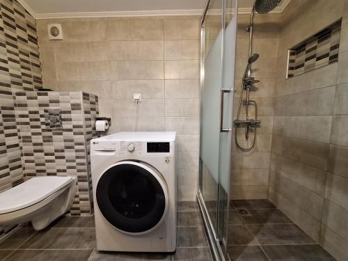 pralka w łazience z prysznicem w obiekcie Luxury suite with sea and Olympus view w mieście Leptokaria