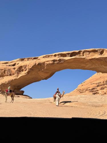 un grupo de personas montando camellos en el desierto en Wadi Rum sky Camp en Wadi Rum