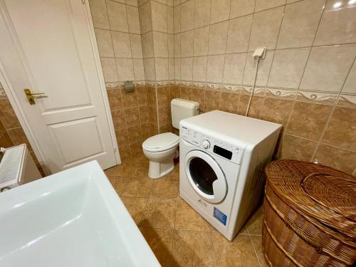 a bathroom with a toilet and a washing machine at Márta Apartman in Hajdúszoboszló