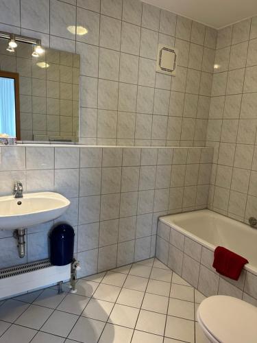 a bathroom with a sink and a tub and a toilet at ST Hotel in Reichertshofen