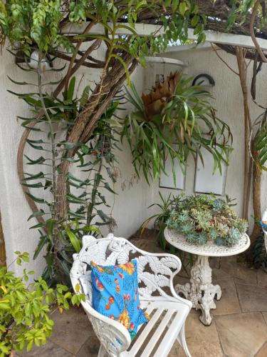 a white chair sitting next to a table with plants at Hospedagem Aconchegante in Espirito Santo Do Pinhal