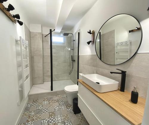 une salle de bain avec un lavabo, une douche et un miroir dans l'établissement Les Oliviers T2 Ajaccio centre, à Ajaccio