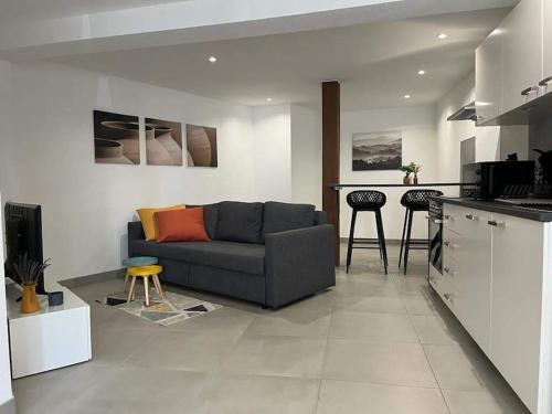 un salon avec un canapé et une cuisine dans l'établissement Le Colibri-Park. gratuit- Prox.Musée automobile, à Mulhouse