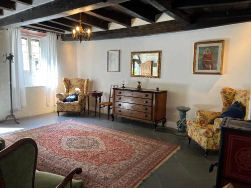 sala de estar con cómoda, sillas y alfombra en L'Antico Palazzo - Mansion with pool, en Toano