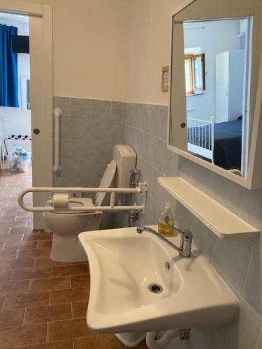 a bathroom with a sink and a toilet and a mirror at La Fattoria di Valentina in Pomarance