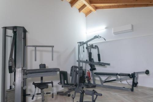 a gym with several tread machines in a room at Carpe Diem Moursia Studio in Liapades