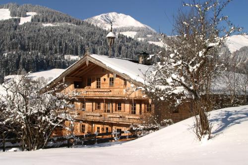 a log cabin in the snow with a mountain at Kasperbauer in Kirchberg in Tirol