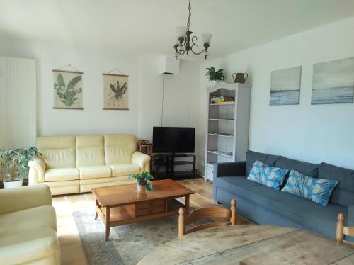 a living room with a couch and a table at Gîte les deux sources au pied du Vercors in Saint-Laurent-en-Royans