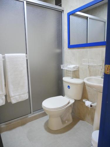 聖羅莎德卡瓦爾的住宿－Finca El Ovito，浴室配有卫生间、盥洗盆和淋浴。