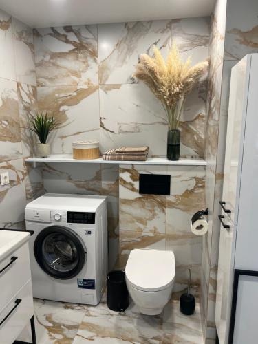 a bathroom with a washing machine and a toilet at AV apartamentai Palangoje in Palanga